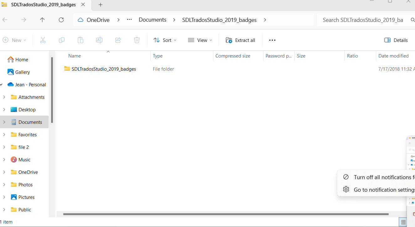 Screenshot of a Windows File Explorer window with the folder path 'OneDriveDocumentsSDLTradosStudio_2019_badges' open. The folder contains a single item, a file folder named 'SDLTradosStudio_2019_badges'. A Windows notification icon with 'Turn off all notifications' and 'Go to notification settings' options is visible in the bottom right corner.