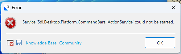 Error dialog box with a red cross icon stating 'Service 'Sdl.Desktop.Platform.CommandBars.IActionService' could not be started.' with Knowledge Base and Community buttons below.