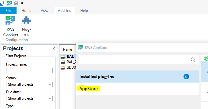 Trados Studio interface with RWS AppStore tab open, showing 'Installed plug-ins' with a count of 0 indicating no updates required.