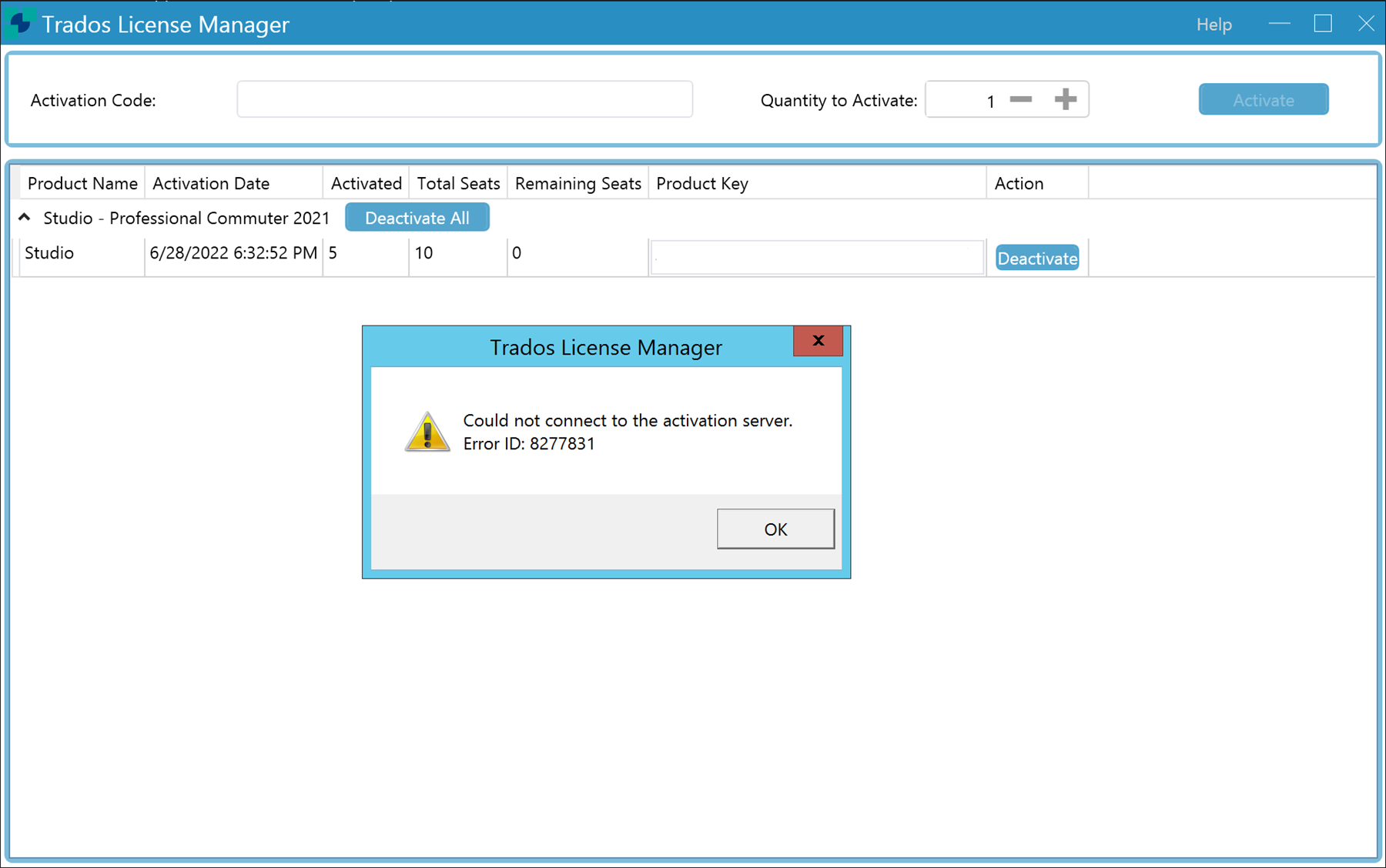 Screenshot of Trados License Manager showing an error message pop-up. The message reads 'Could not connect to the activation server. Error ID: 8277831'. Below the message is an 'OK' button. The background displays the license details with a 'Deactivate All' button.
