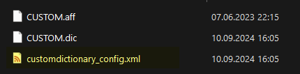 File explorer window showing three files: CUSTOM.aff, CUSTOM.dic, and customdictionary_config.xml with timestamps.