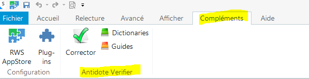 Screenshot showing a software interface with menu tabs. The 'Complements' tab is highlighted, and under it, 'Antidote Verifier' is listed among other options like 'Dictionaries' and 'Guides'.