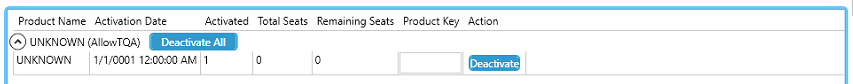 License management table with a row labeled 'UNKNOWN' showing activation date as '110001 12:00:00 AM', 1 activated seat, 0 remaining seats, and a 'Deactivate' button.