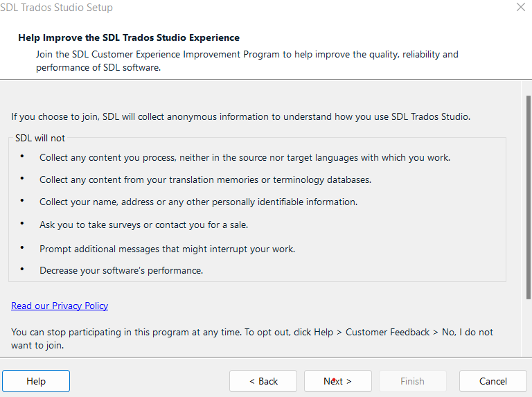 SDL Trados Studio Setup window with information about the SDL Customer Experience Improvement Program. Options to accept or decline participation are not visible.