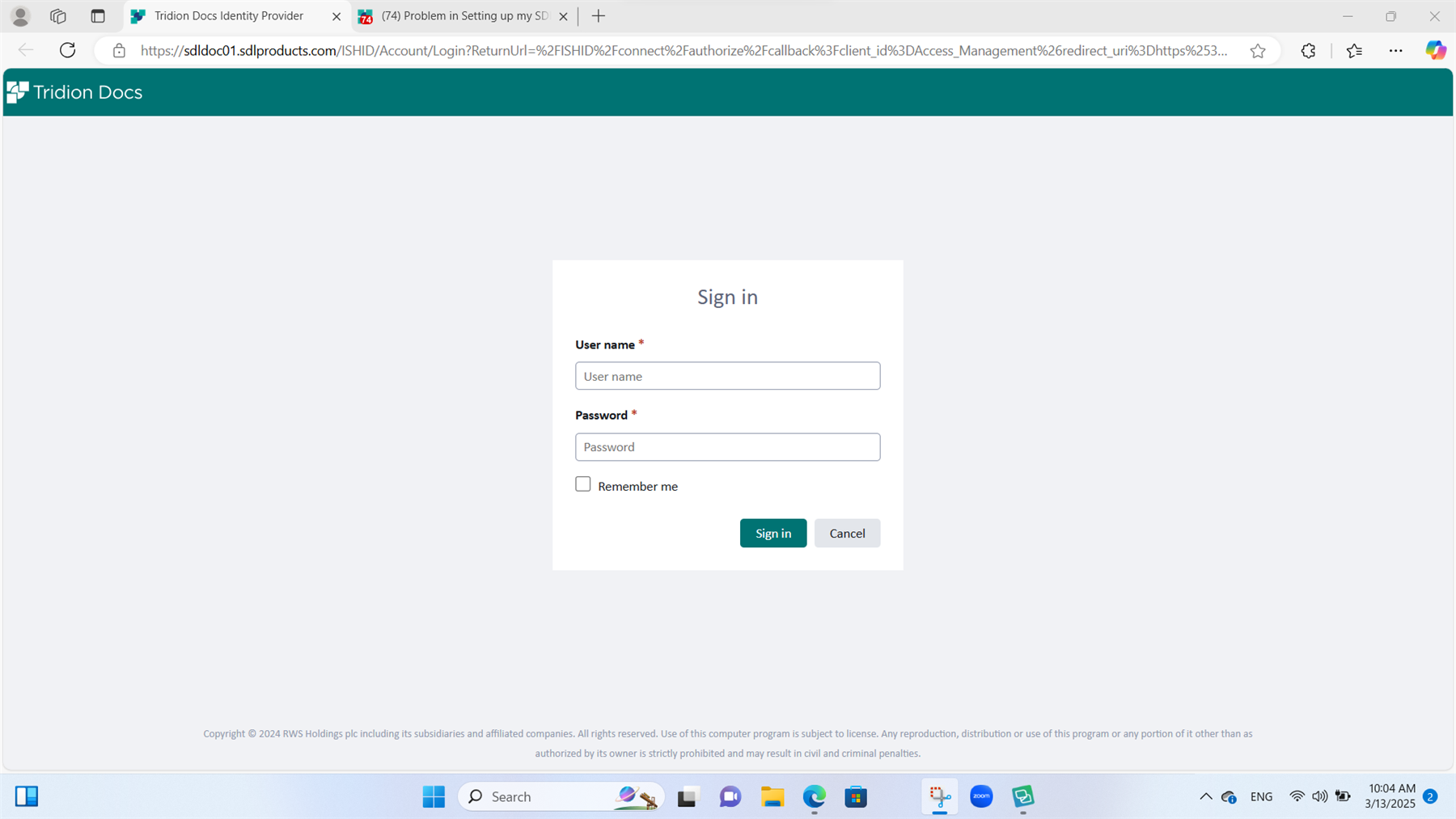 Screenshot of a 'Sign in' page for Tridion Docs with empty 'User name' and 'Password' fields and a 'Remember me' checkbox. No visible errors or warnings.