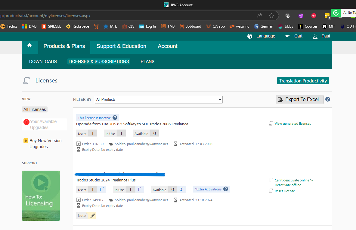 Screenshot of RWS account licenses page showing an inactive license for TRADOS 6.5 Softkey and a Trados Studio 2024 Freelance Plus license with one user, one activation in use, and zero available.