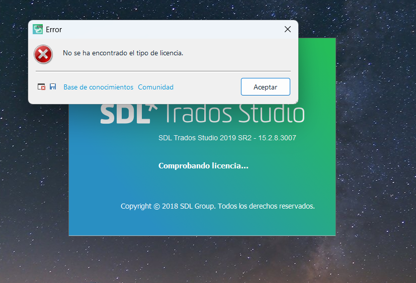 Error dialog box on SDL Trados Studio software stating 'No se ha encontrado el tipo de licencia' with an 'Aceptar' button, indicating a license type not found error during license check.