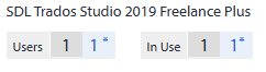 Screenshot showing SDL Trados Studio 2019 Freelance Plus license information with 1 user and 1 activation in use.