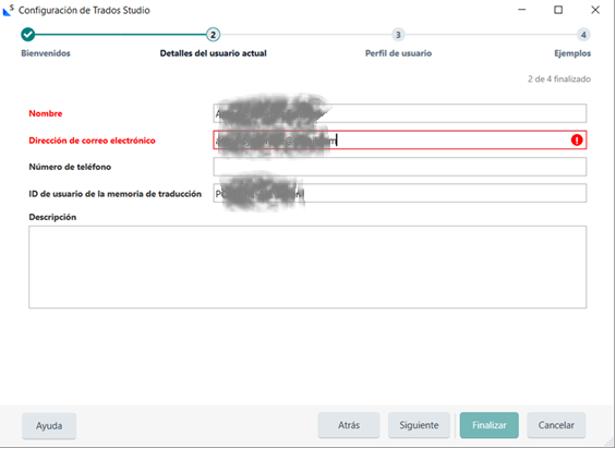 Trados Studio setup screen showing an error with the email address field highlighted in red and personal information redacted.