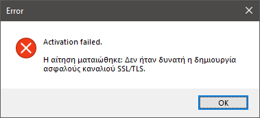 Error dialog box with a red cross icon stating 'Activation failed. The connection failed: An unknown error occurred during the SSLTLS handshake.' with an OK button.