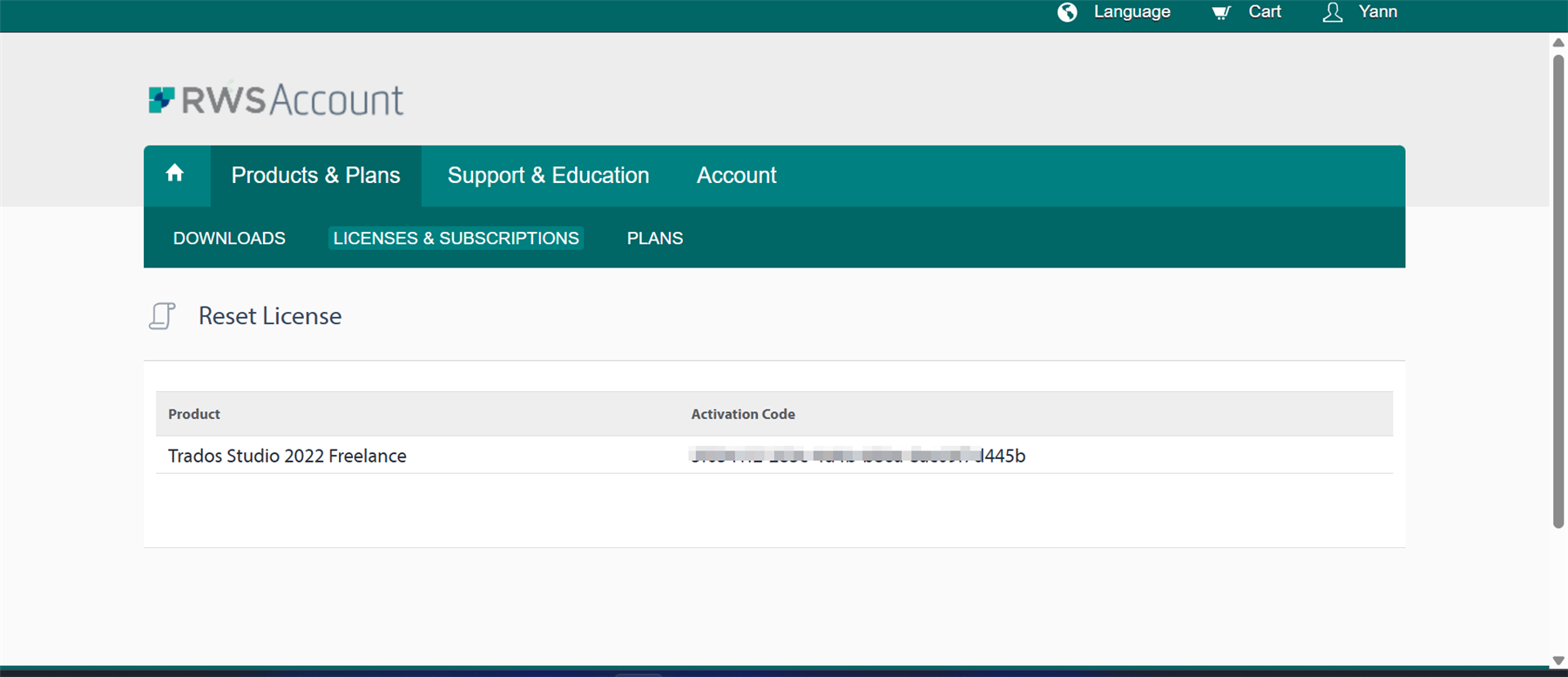 Screenshot of a reset license page for Trados Studio 2022 Freelance with a field for activation code, but no reset button is shown.
