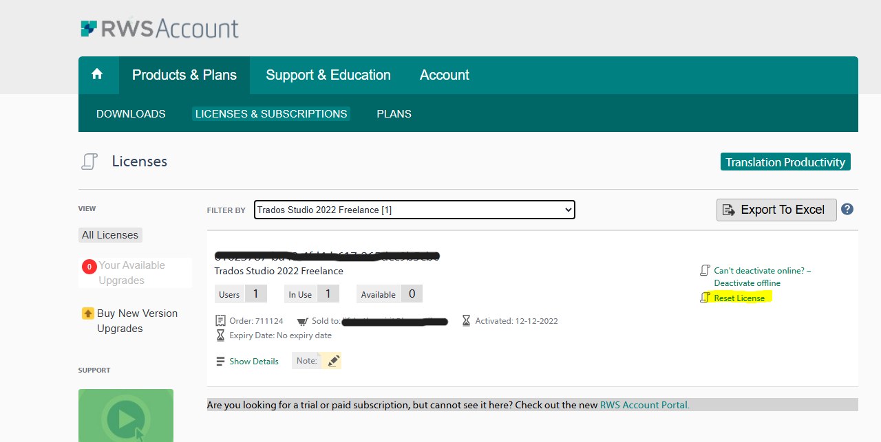 Screenshot of RWS Account Licenses page showing Trados Studio 2022 Freelance with 1 user in use, 0 available, and no 'return license' button visible.