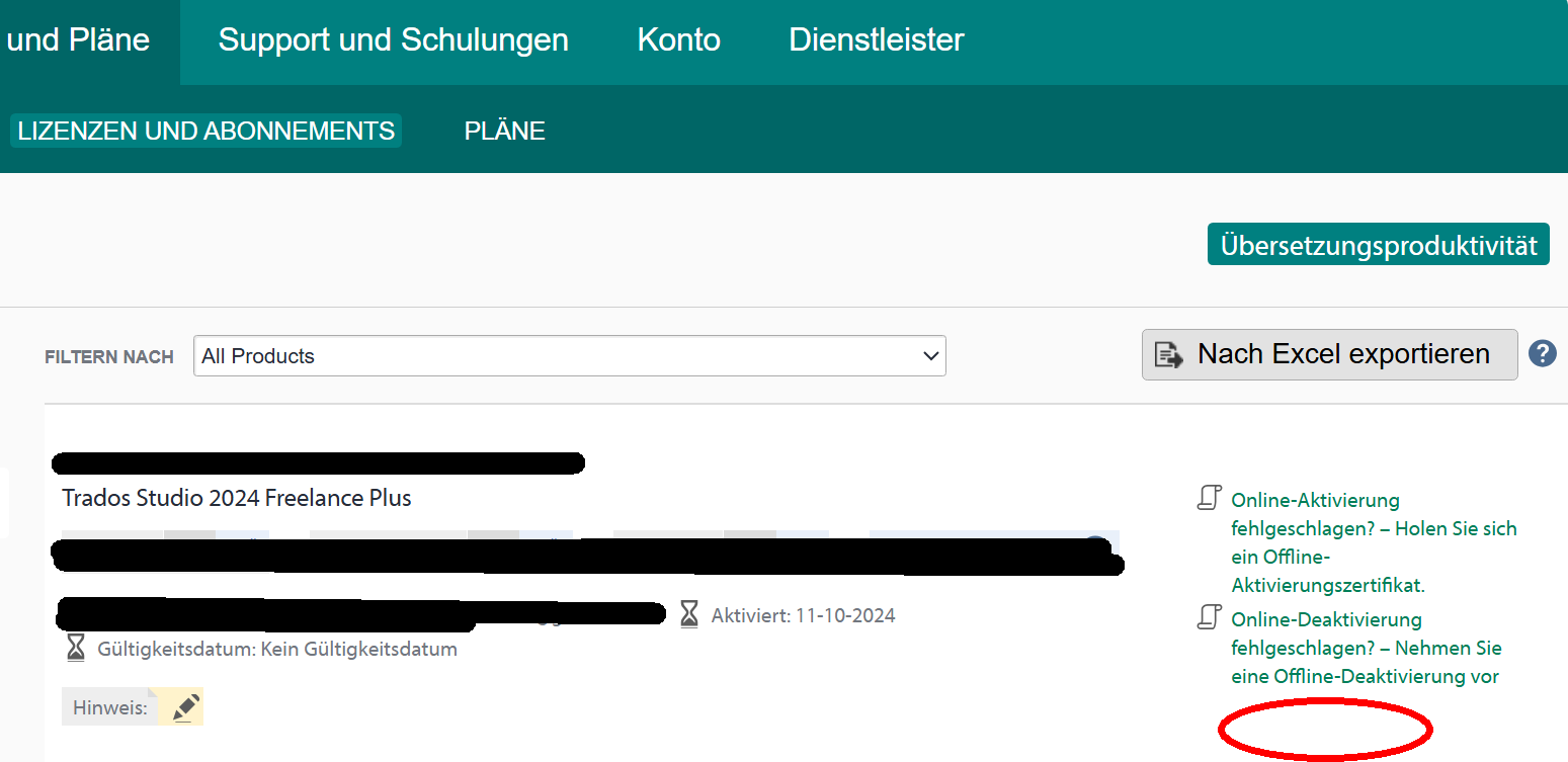 Screenshot of a licensing and subscription management page in German, with a warning icon and a message about the absence of a validity date for Trados Studio 2024 Freelance Plus, and a highlighted message about failed online deactivation.