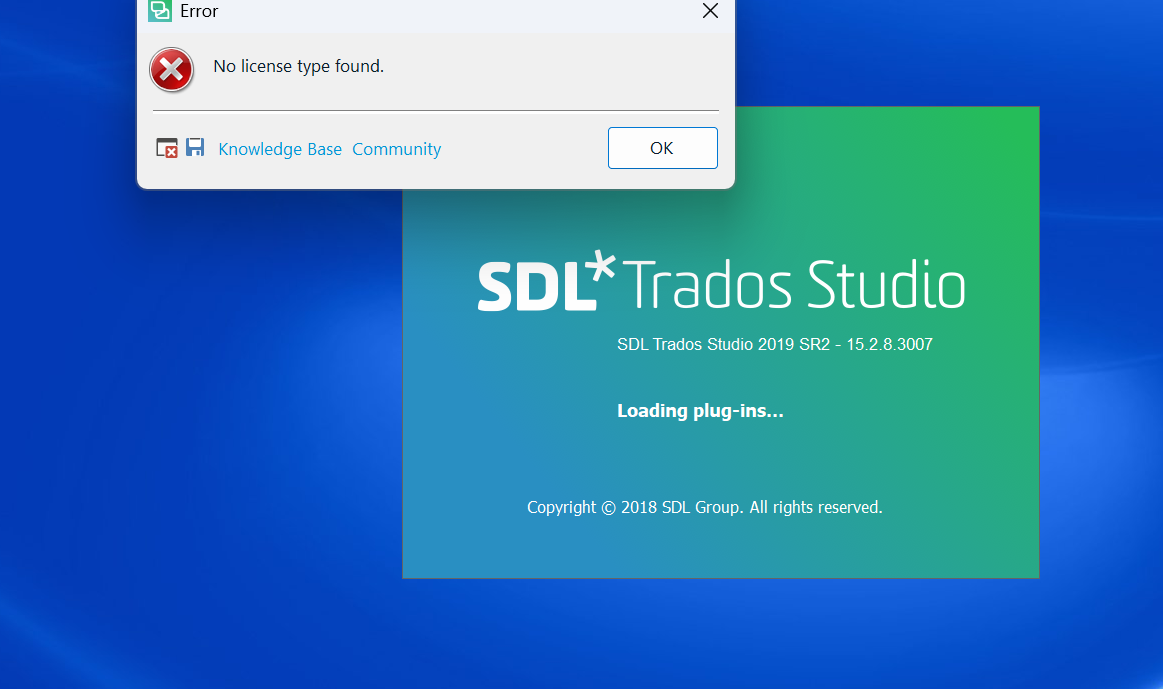 Error message displayed on SDL Trados Studio 2019 SR2 startup screen, stating 'No license type found' with an OK button and links to Knowledge Base and Community.