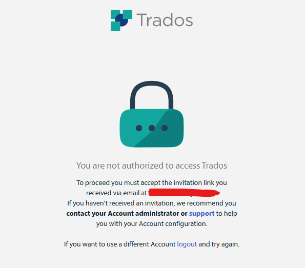 Trados error screen with a lock icon and the message 'You are not authorized to access Trados. Accept the invitation link sent to your email or contact your account administrator for support.'