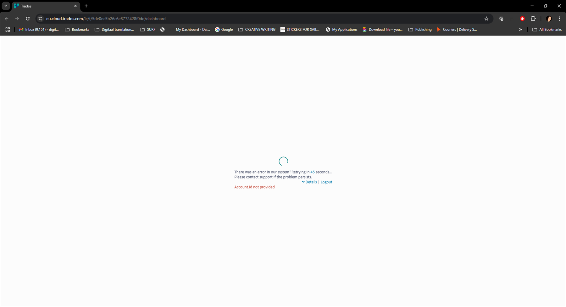 Webpage showing an error message 'There was an error in our system! Retrying in 45 seconds... Please contact support if the problem persists.' with 'Account.id not provided' in red text and options for Details and Logout.