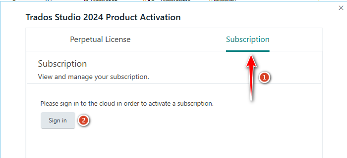 Trados Studio 2024 Product Activation window showing the Subscription tab selected. A 'Sign in' button is visible with instructions to log in to activate a subscription.