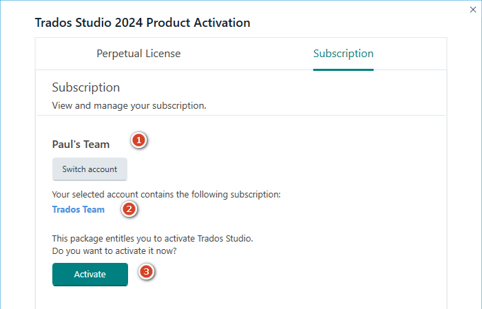 Trados Studio 2024 Product Activation window under the Subscription tab. It shows 'Paul's Team' account with an 'Activate' button to enable the Trados Team subscription.