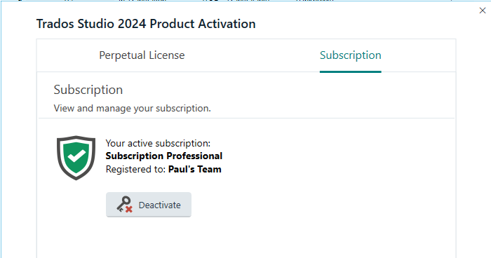 Trados Studio 2024 Product Activation window under the Subscription tab. It displays an active subscription labeled 'Subscription Professional' registered to 'Paul's Team' with a 'Deactivate' button.