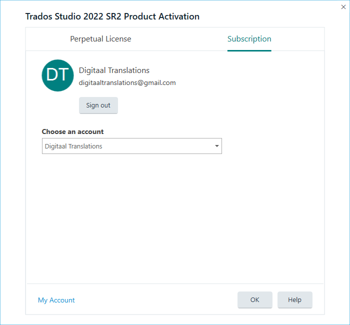Trados Studio 2022 SR2 Product Activation screen showing 'Perpetual License' and 'Subscription' tabs, with account details and options to sign out or choose an account.