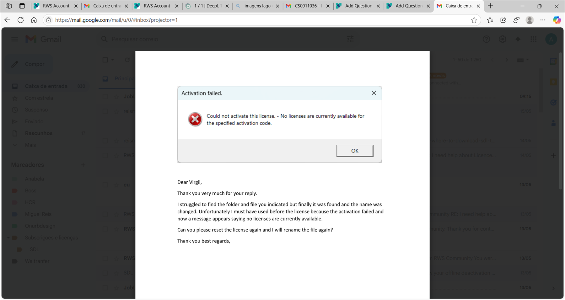 Screenshot of an email with a pop-up error message stating 'Activation failed. Could not activate this license. No licenses are currently available for the specified activation code.'