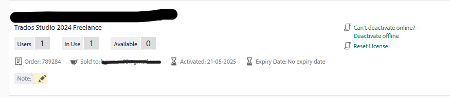 Trados Studio 2024 Freelance license details showing 1 user, 1 in use, 0 available, order number, sold to information, activation date as 21-05-2025, and no expiry date.