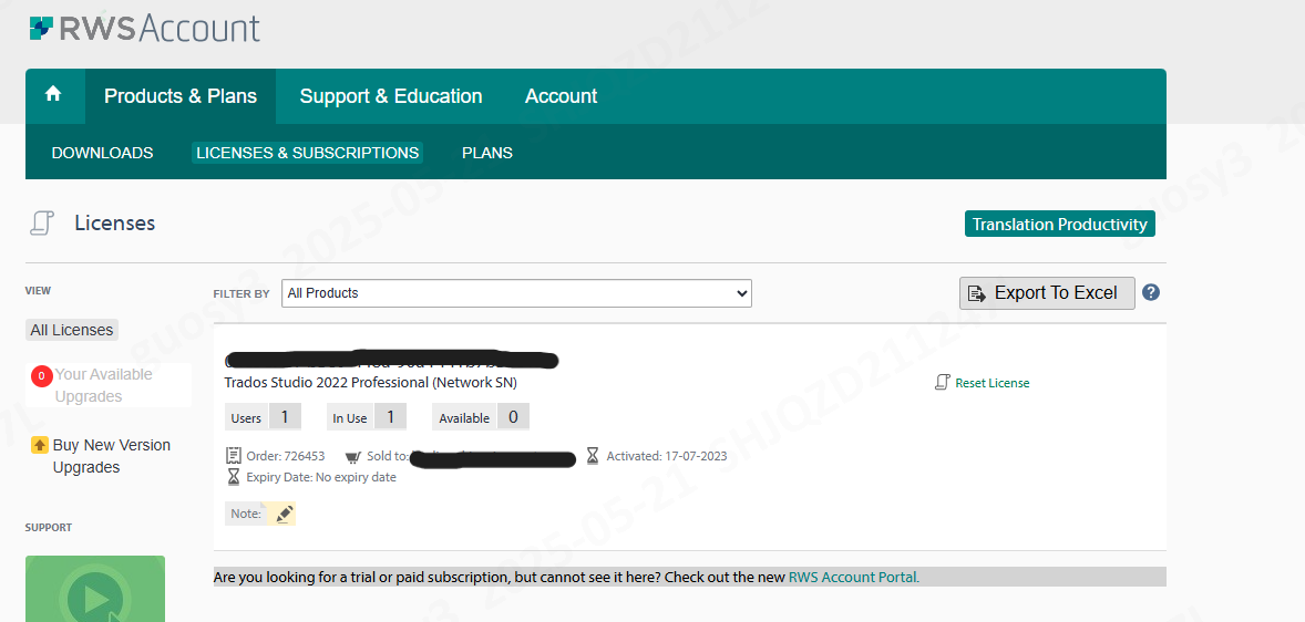 RWS Account page showing Trados Studio 2022 Professional license details with 1 user in use, 0 available, and no expiry date.