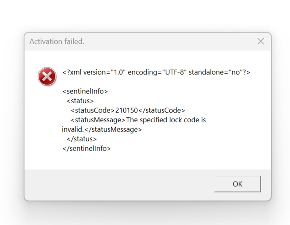 Error message window with title 'Activation failed.' showing XML code. Status code 210150 and message: 'The specified lock code is invalid.' Red error icon displayed.