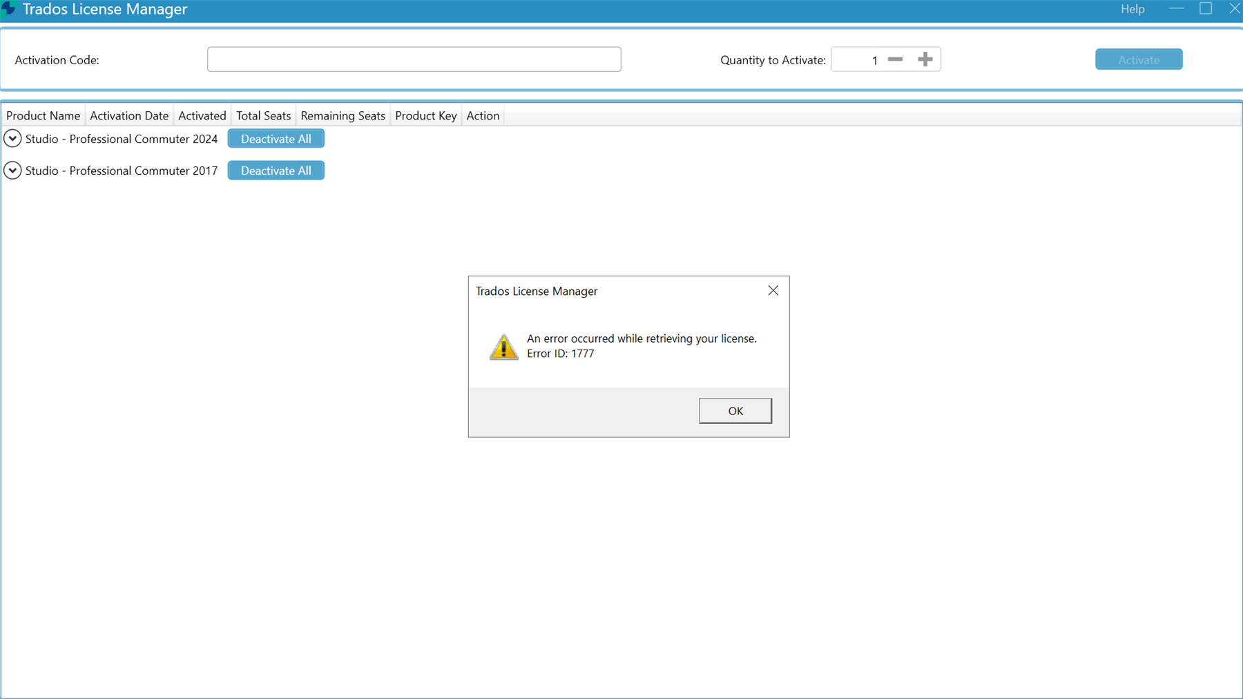Trados License Manager window showing two products: Studio - Professional Commuter 2024 and 2017, with a pop-up error message stating 'An error occurred while retrieving your license. Error ID: 1777.'