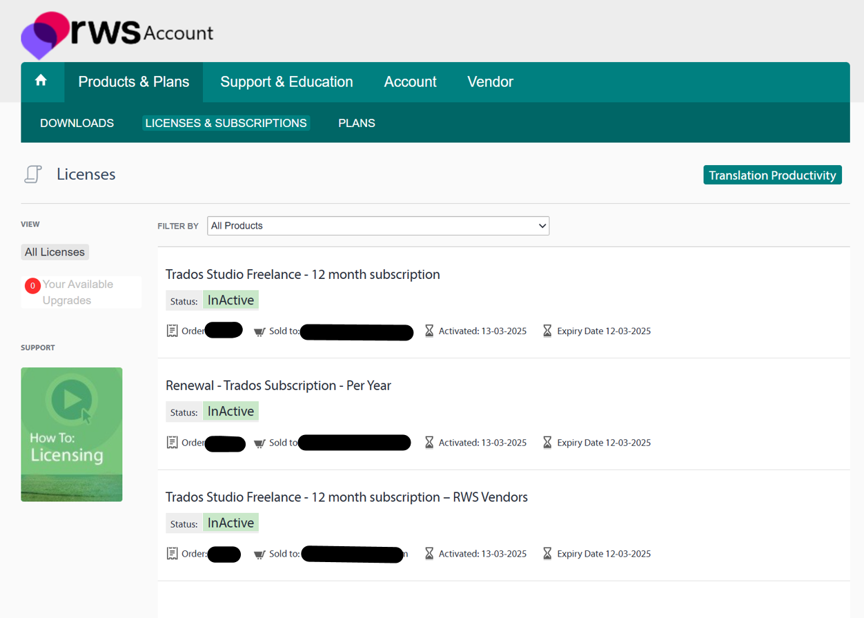 RWS Account page showing the Licenses & Subscriptions tab with three inactive licenses listed, including Trados Studio Freelance and Renewal subscriptions, with expiry dates in 2025.