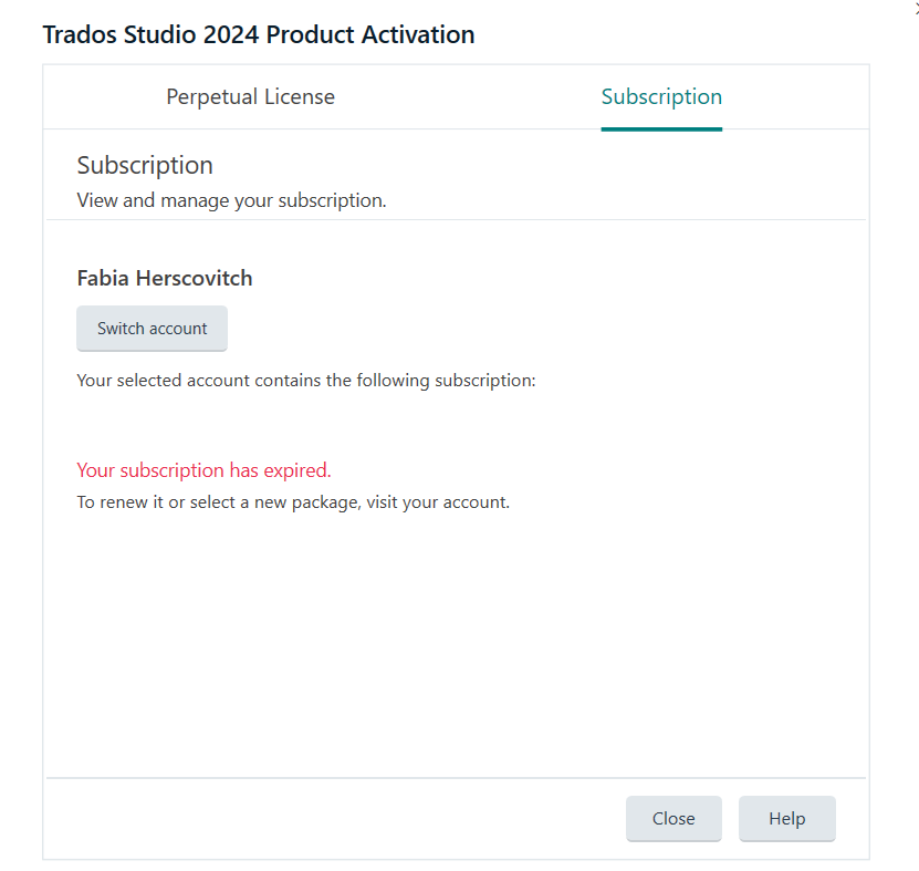 Trados Studio 2024 Product Activation screen showing the Subscription tab. Message in red text states 'Your subscription has expired. To renew it or select a new package, visit your account.'