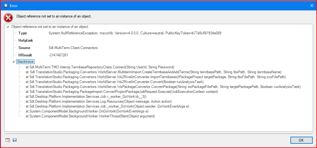 Error dialog box with the title 'Error' and message 'Object reference not set to an instance of an object.' Includes details such as Type, HelpLink, Source, HResult, and a Stacktrace section.