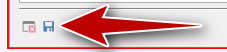 Red arrow pointing to a small disk symbol next to a red X icon, indicating the save option.