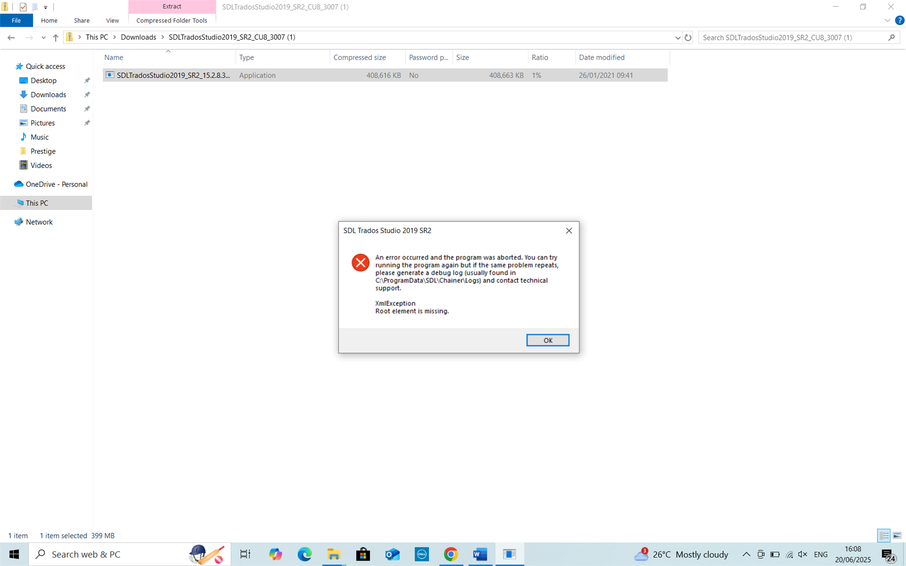 Windows File Explorer showing a folder named SDLTradosStudio2019_SR2_CU8_3007 with a single application file selected. An error message from SDL Trados Studio 2019 SR2 is displayed, stating: 'An error occurred and the program was aborted. You can try running the program again but if the same problem repeats, please generate a debug log (usually found in C:ProgramDataSDLChainerLogs) and contact technical support. XmlException: Root element is missing.'