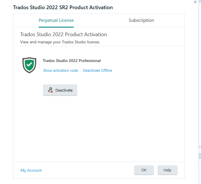 Trados Studio 2022 SR2 Product Activation window showing Perpetual License tab with Trados Studio 2022 Professional license active. Options include Show activation code and Deactivate Offline.