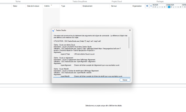 Screenshot of Trados Studio error message in French, stating an issue with command line arguments and object reference not set to an instance of an object.