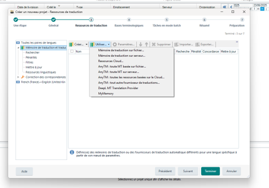 Screenshot of the Trados interface showing the 'Create a new project' window under 'Translation Resources' with a dropdown menu listing translation memory options.