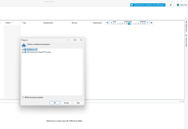 Screenshot of the Trados Studio interface showing a Plugins window with two plugins listed: 'MTramery 23' and 'SDL Community DeepLMTProvider'. The OK, Cancel, and Help buttons are visible.