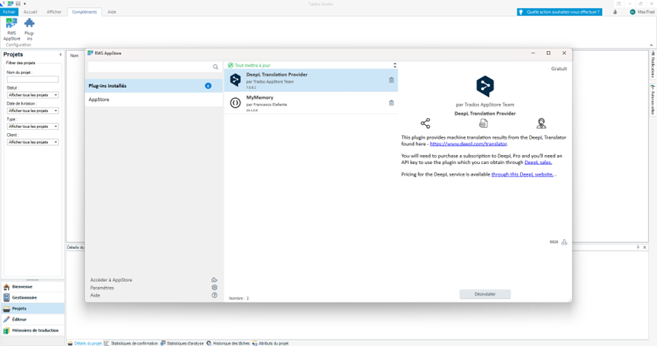 Screenshot of the RWS AppStore interface in Trados Studio, showing installed plugins. The DeepL Translation Provider plugin is selected, with details and a link to purchase an API key.