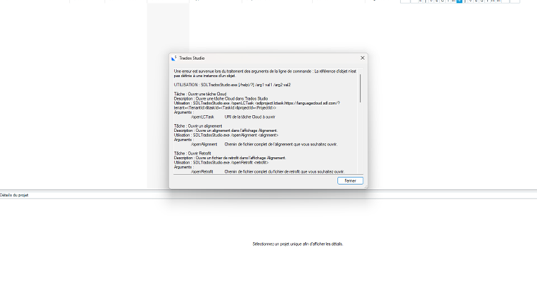 Error message in Trados Studio displayed in a pop-up window, mentioning a command line argument issue and referencing SDLTradosStudio.exe with options for cloud and alignment tasks.