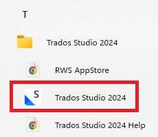 Windows Start Menu showing Trados Studio 2024 highlighted with a red box.