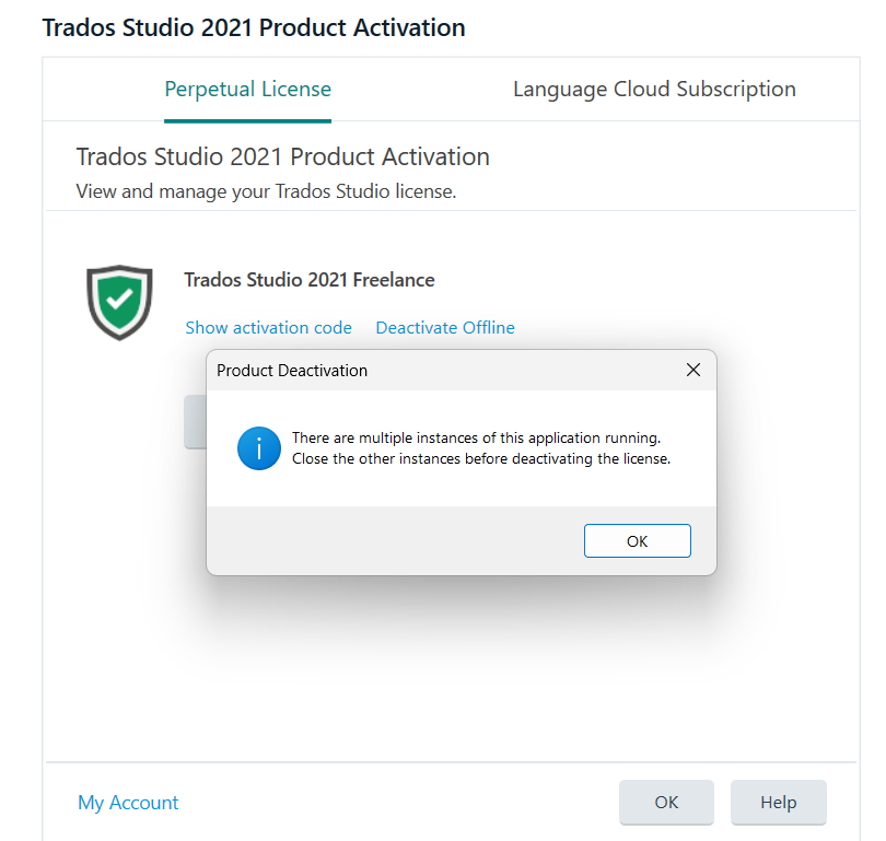 Trados Studio 2021 Product Activation window showing a perpetual license tab with a Product Deactivation error message stating 'There are multiple instances of this application running. Close the other instances before deactivating the license.'