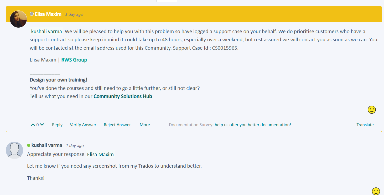 Screenshot of a community forum post by Elisa Maxim addressing Kushali Varma, stating that a support case (CS0015965) has been logged and will be addressed within 48 hours. Includes a footer promoting the Community Solutions Hub.