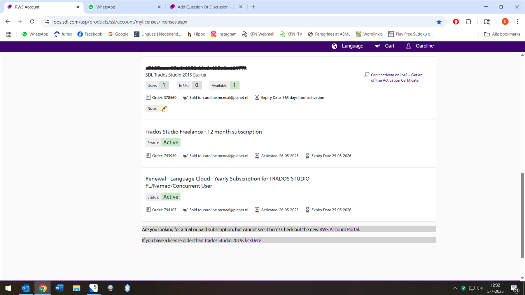 Screenshot of the RWS Account page showing license details for Trados Studio. Includes SDL Trados Studio 2015 Starter, Trados Studio Freelance, and Language Cloud subscriptions.