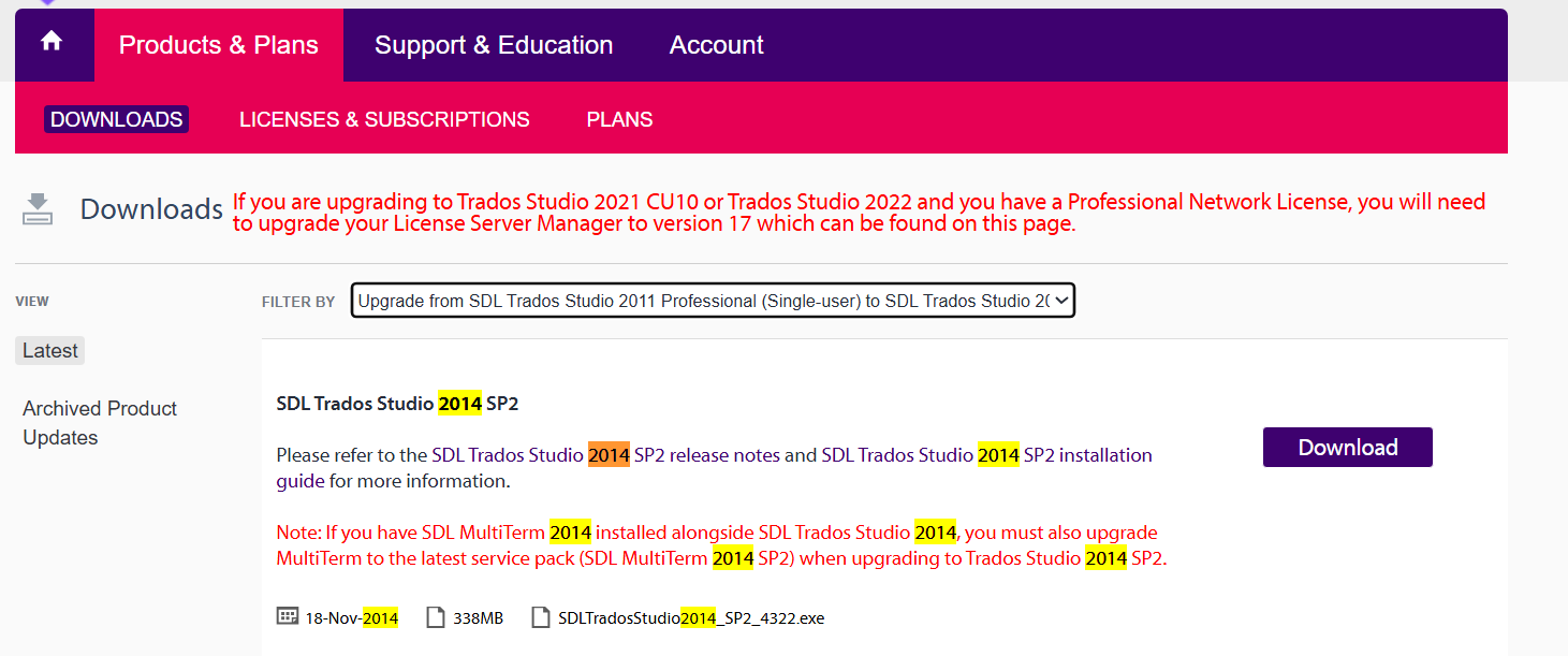 Screenshot of the Downloads page under Products & Plans, showing SDL Trados Studio 2014 SP2 with a Download button and upgrade instructions for License Server Manager version 17.