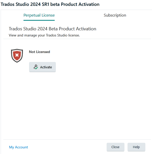 Trados Studio 2024 SR1 beta Product Activation screen showing 'Perpetual License' tab selected, status as 'Not Licensed' with a red shield icon and an 'Activate' button.