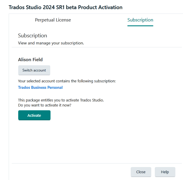 Trados Studio 2024 SR1 beta Product Activation screen showing 'Subscription' tab selected, account name 'Alison Field', subscription 'Trados Business Personal', and an 'Activate' button.