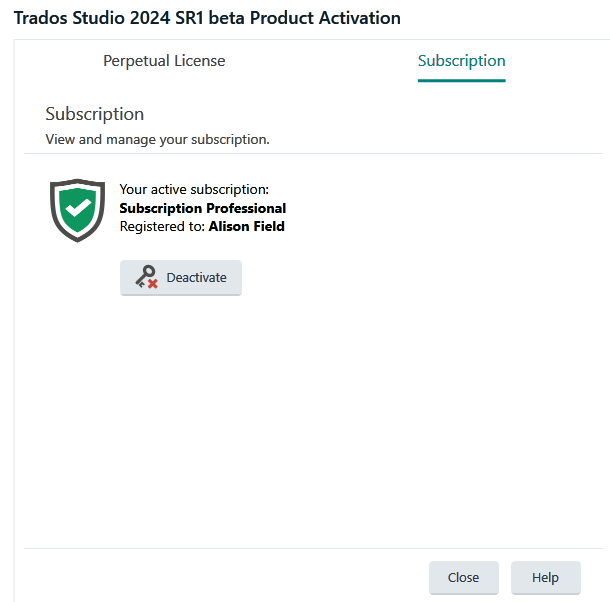 Trados Studio 2024 SR1 beta Product Activation screen showing 'Subscription' tab selected, active subscription 'Subscription Professional' registered to 'Alison Field' with a green shield icon and a 'Deactivate' button.