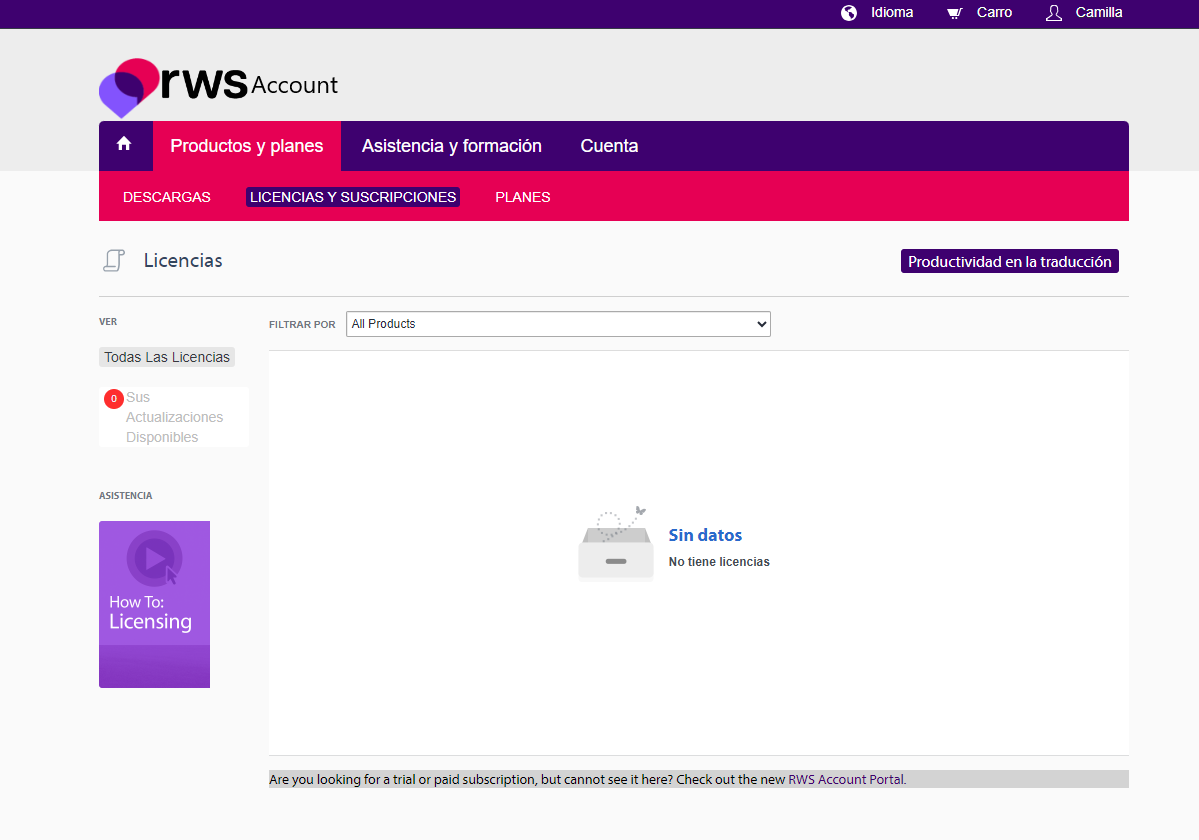 RWS Account page showing the Licenses and Subscriptions section with a message 'Sin datos - No tiene licencias' indicating no licenses are available.