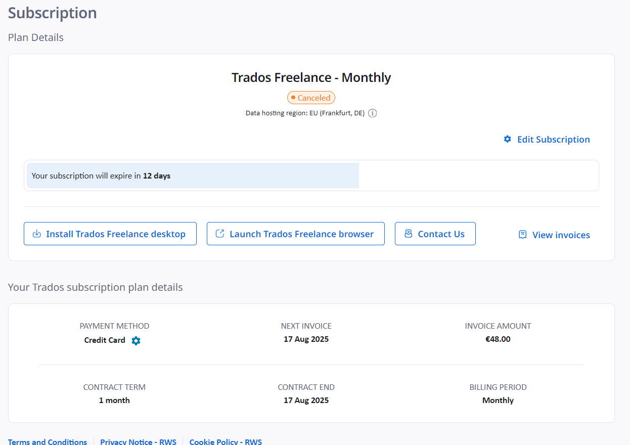 Subscription details for Trados Freelance - Monthly plan, marked as 'Canceled', with a message stating the subscription will expire in 12 days and payment details showing  48.00 per month.